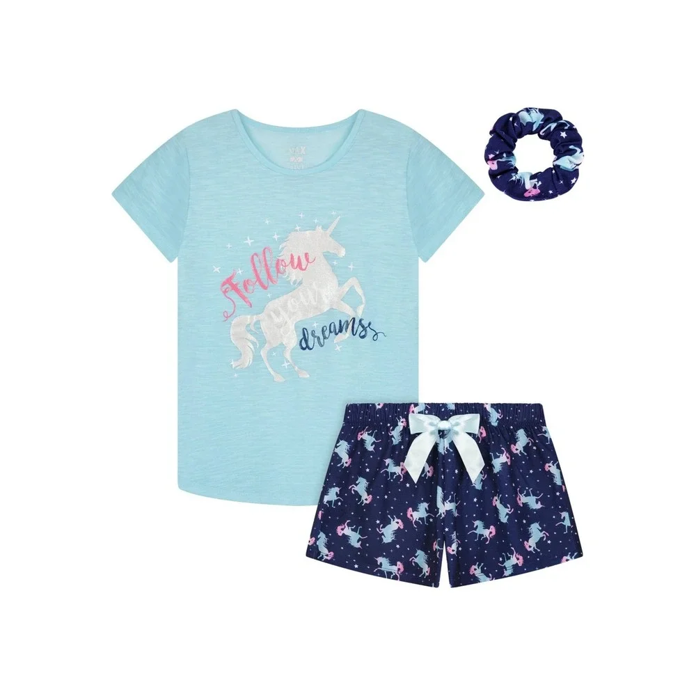 Max & Olivia Girls T-shirt and Shorts with Scrunchie 3 Pc Pajama‎ Set - Size L